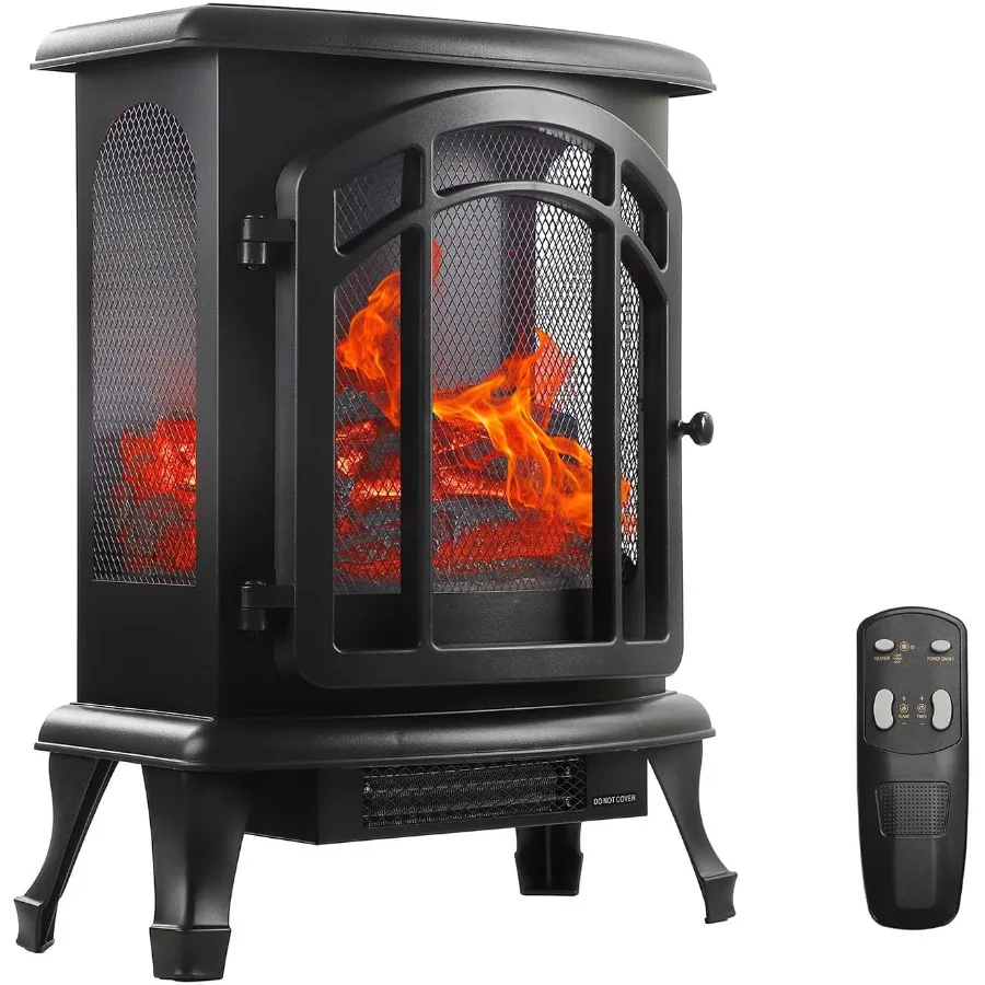 

Freestanding Electric Fireplace with Realistic Logs and LED 3D Flame in Black for Indoor Use Space Heater with Remote Control a