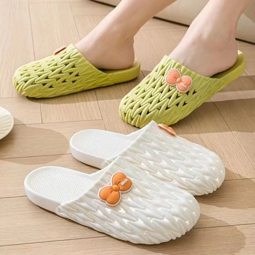 Korean Style Anti Slip Hollow Out Flat Slippers PVC Beachwear Sweet Bowknot Sandals Shoes Cover Toe Slipper Women Summer