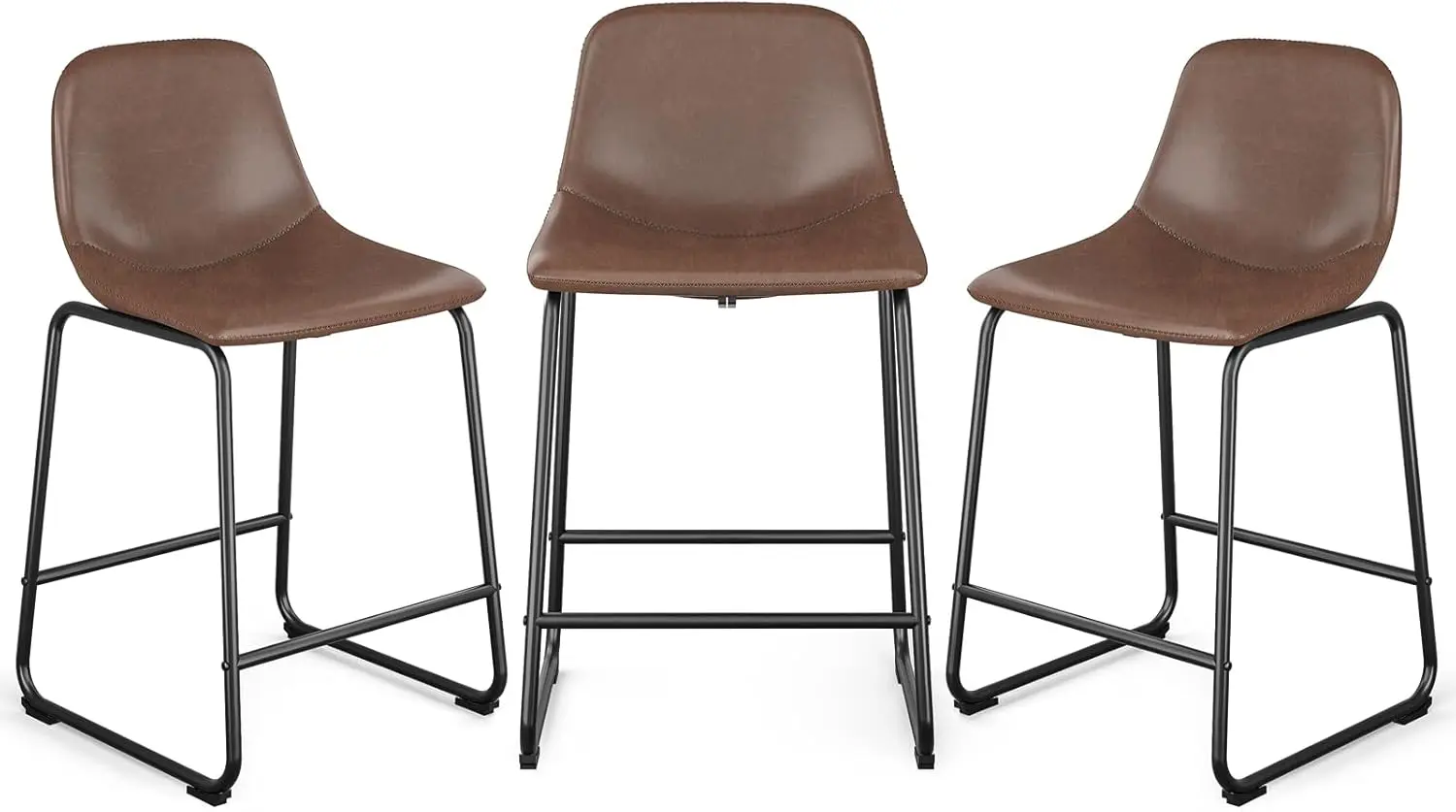 3피스 브라운 인조 가죽 바 스툴, 산업용 등받이 및 발판, 카운터 높이(24')