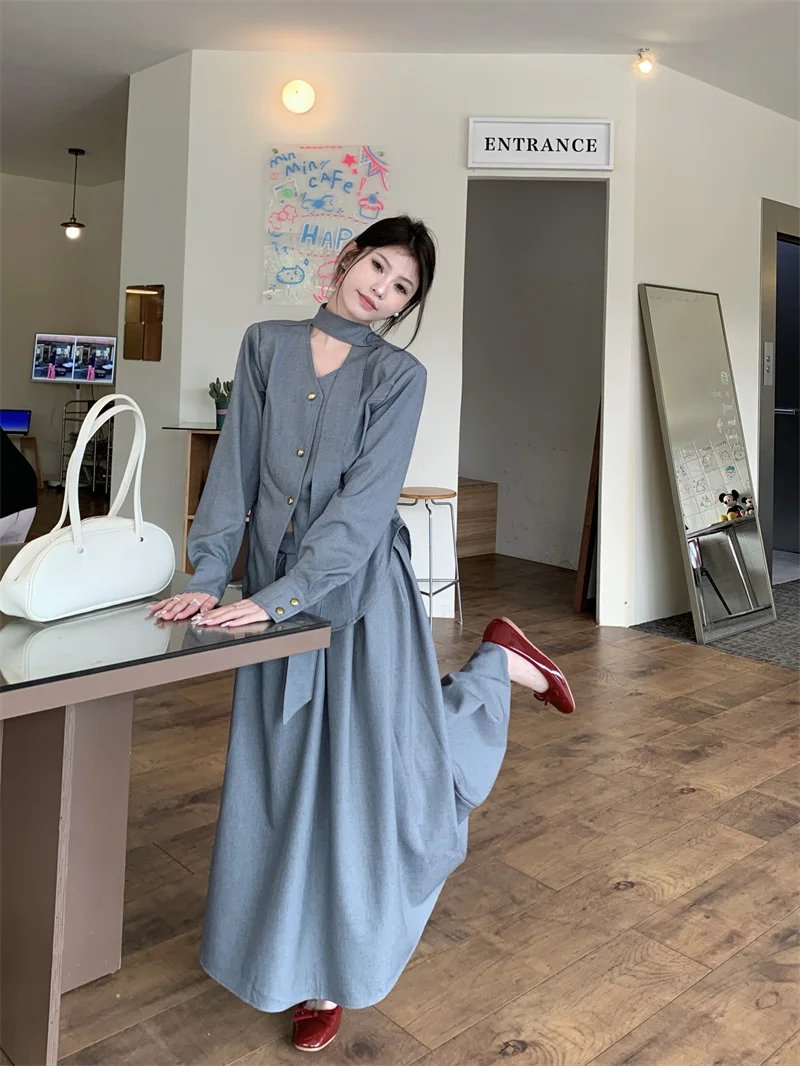 Saia de escritório feminina terno dinheiro velho y2k estética com decote em v chique assimétrico cinza camisa de manga longa cintura alta magro saia evasê