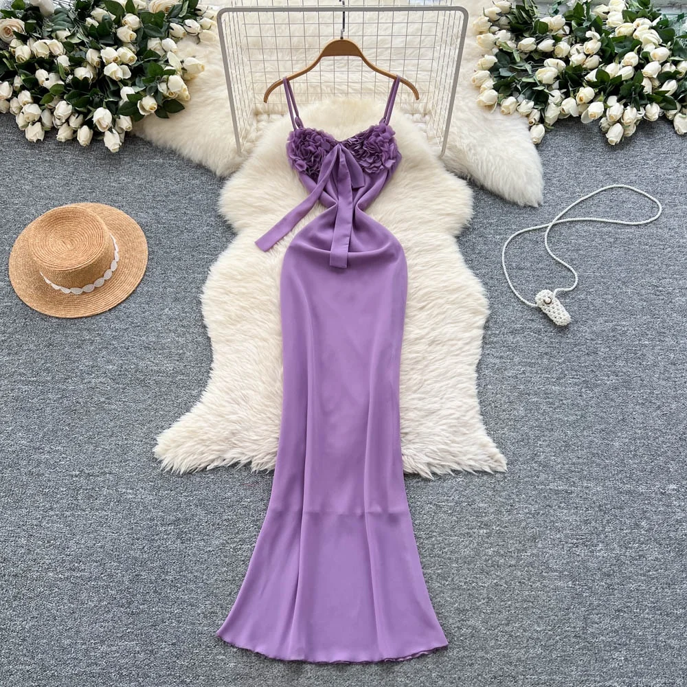 Clothland ผู้หญิงเซ็กซี่ Lilac ชุด Ruffles Bow Tie สปาเก็ตตี้สายรัดแขนกุด One Piece Midi Cami ชุด QE124