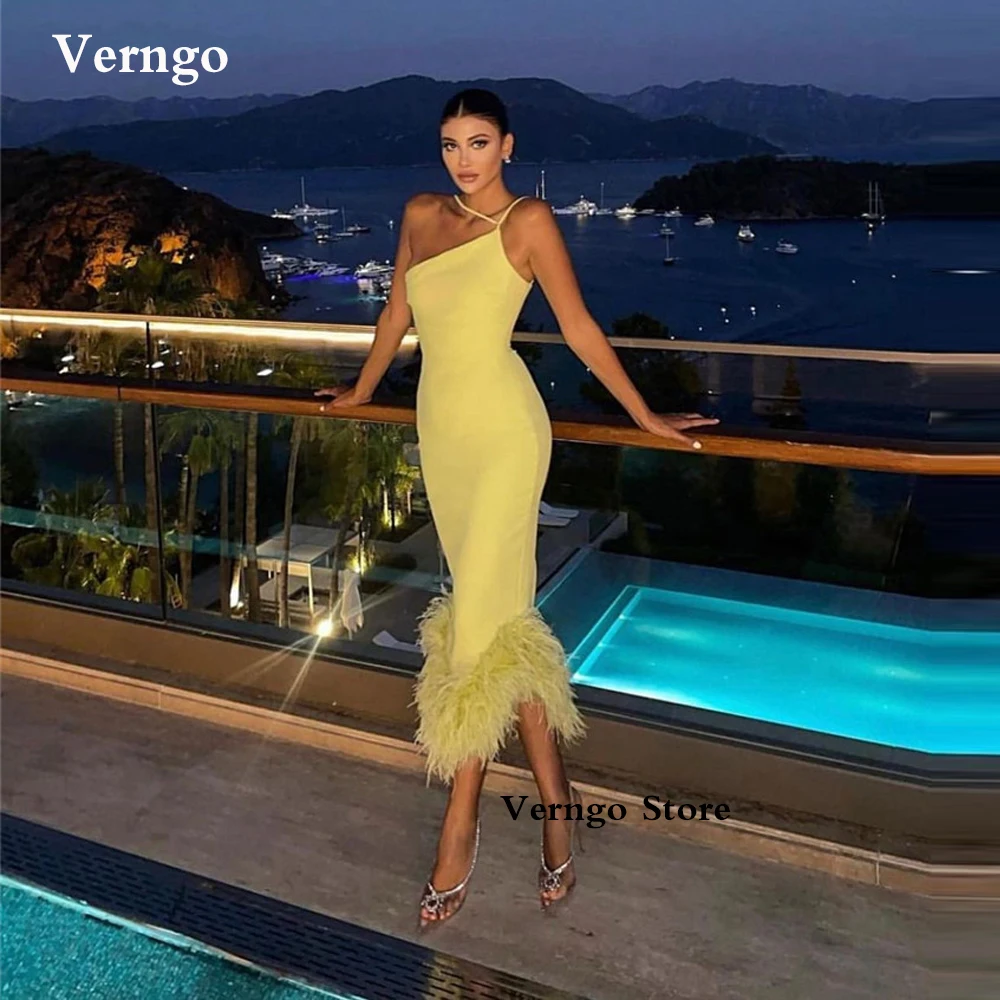 

Verngo Yellow Stretch Satin Mermaid Evening Party Dresses Halter Feathers Hem Saudi Arabic Women Prom Dress Night Cocktail Gown