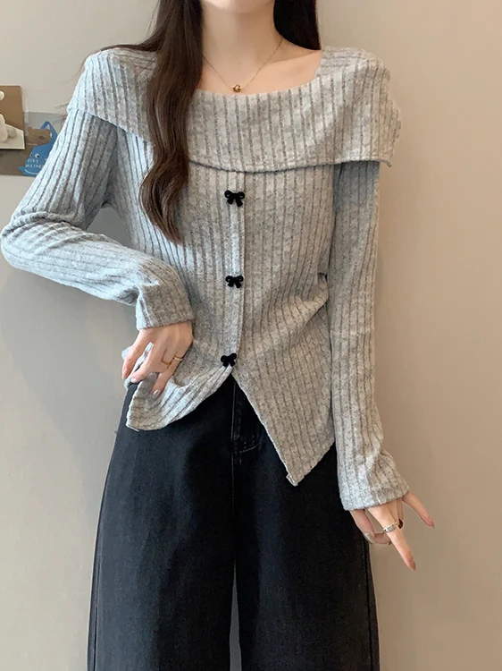 Knitted One-Shoulder Long Sleeve Base Shirt Women's Spring Autumn plus Size  Knot Short Top Comfortable Soft Korean ...