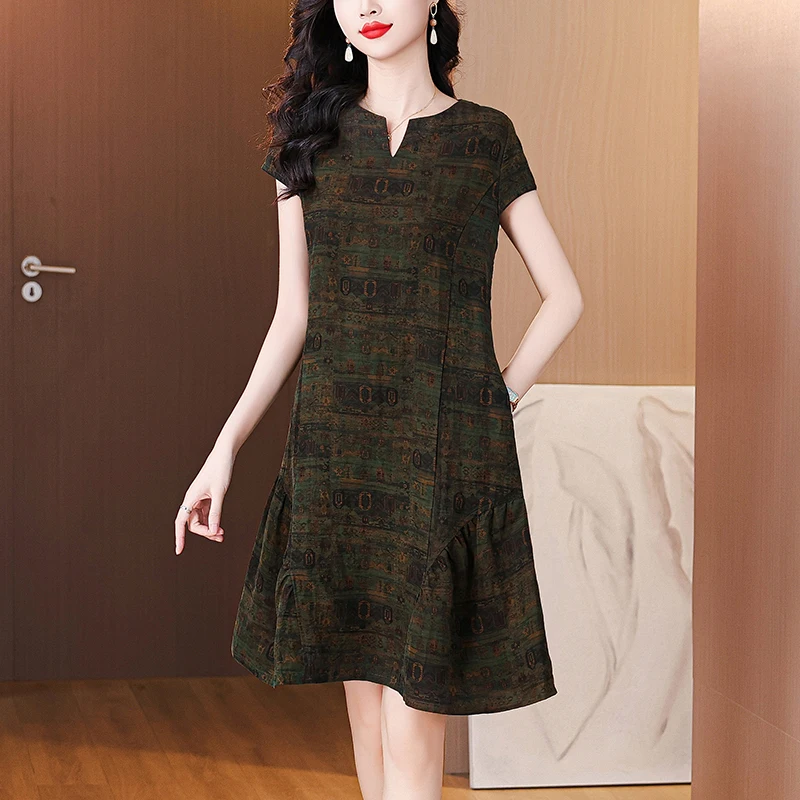 2025 Abito da sera elegante con stampa vintage da donna Vacanza primaverile Boho Hepburn Abiti Abito longuette casual in seta di lusso estivo