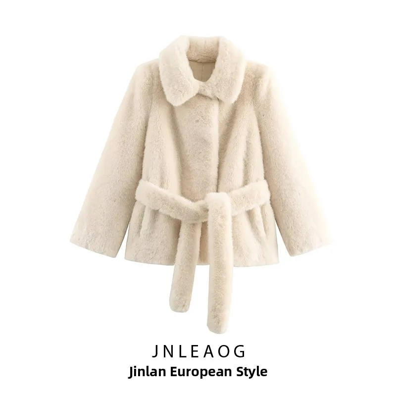 เสื้อโค้ทขนสัตว์เทียมแบบมีเข็มขัดอเนกประสงค์แฟชั่น JNLEAOG เสื้อคลุมผู้หญิงสำหรับฤดูใบไม้ร่วง รุ่นใหม่ เสื้อคลุมยาวทำจากเส้นใยโพลีเอสเตอร์