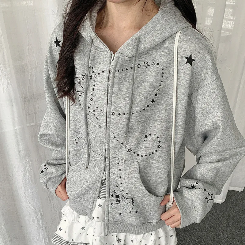 เสื้อฮู้ดดี้ลายการ์ตูนกระต่ายน่ารักสไตล์ Y2K สำหรับผู้หญิง แจ็คเก็ตคาร์ดิแกนแบบหลวมมีซิปสำหรับฤดูใบไม้ร่วง