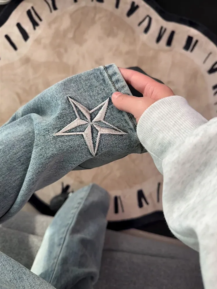 

Мужские джинсы с вышивкой и флисовой подкладкой, осенне-зимние, с низкой посадкой, прямые, расклешенные, в американском уличном стиле, Vbie Jeans