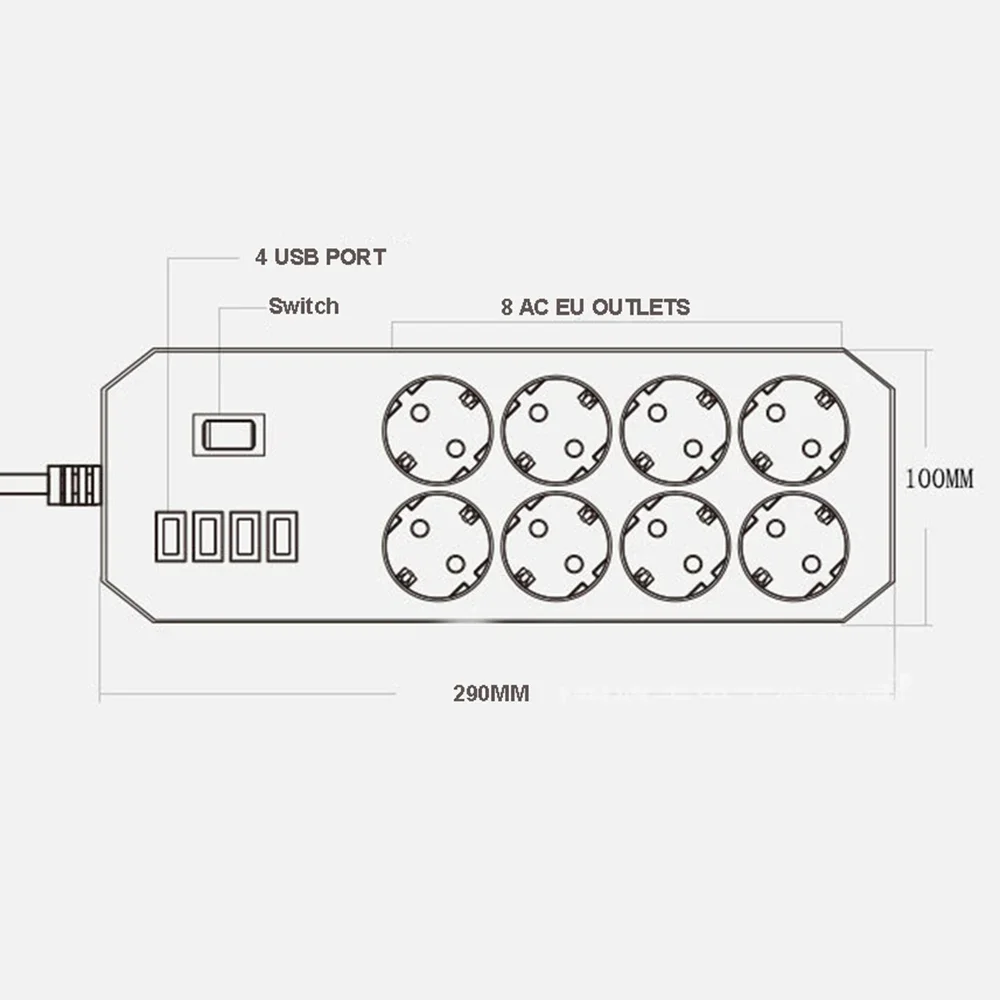 Melery Power Strip Surge Protector 8 AC Outlets EU Plug Socket Electrical USB Charging Port Adapter Wall Mounted Extension Cord