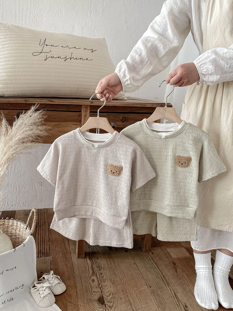 

Комплект летней детской одежды LILIGIRL: милый костюм с медведем для девочек, корейский тонкий свободный комплект для детей, 2 предмета, 9М-4Т