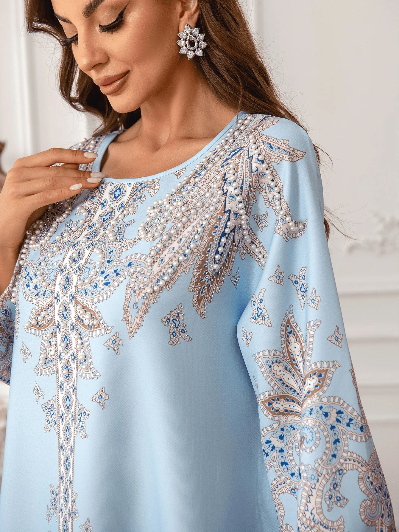 Eid Muslim Beading Party Dress for Women Ramadan Abaya Long Dress Print Morocco Kaftan Vestidos Largos Dubai Robe Jalabiya 2024