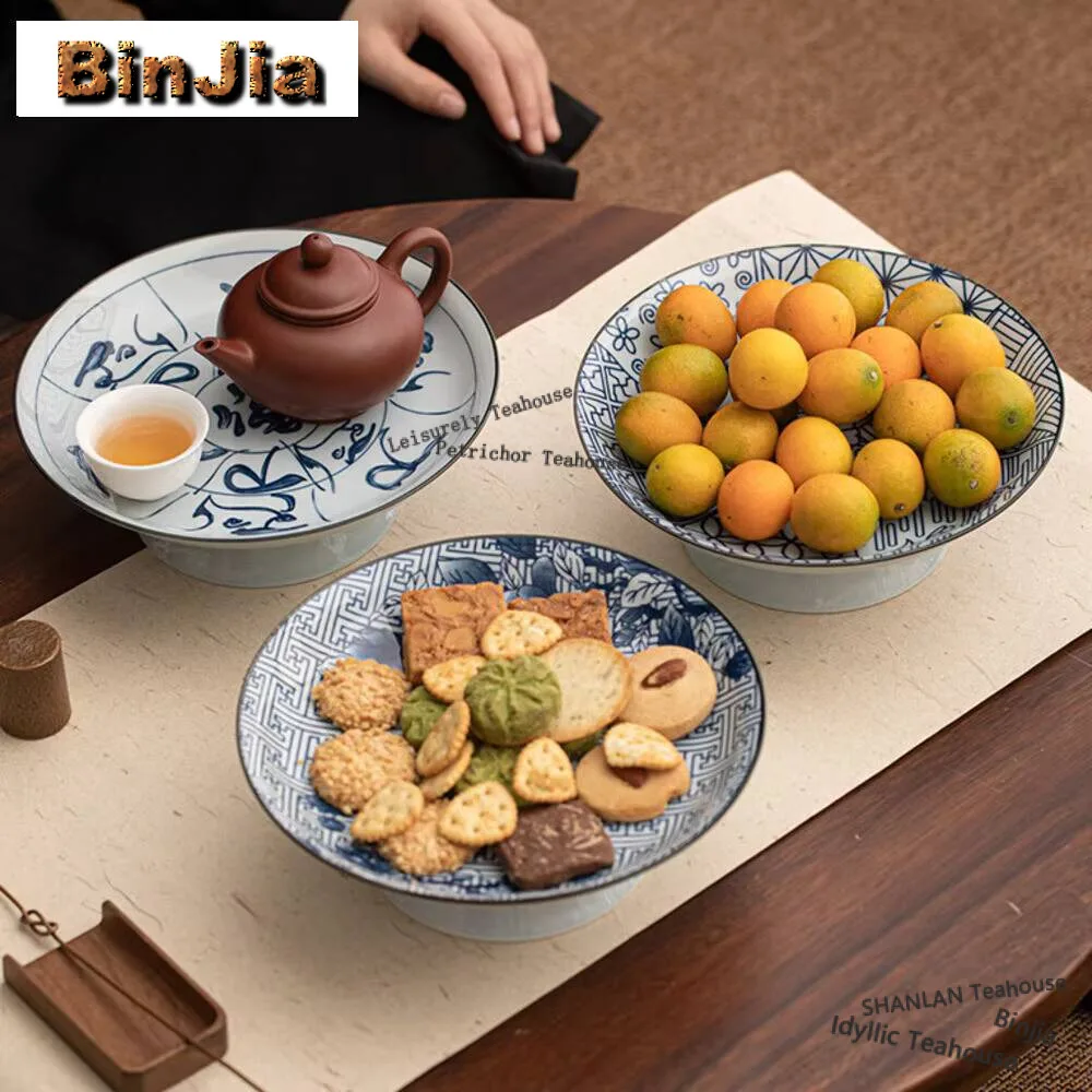 

Antique Blue and White Round Rhyme Pot Bearing Holder Fruit Snack Pastry Plate Household Dessert Candy Dish Food Storage Tray