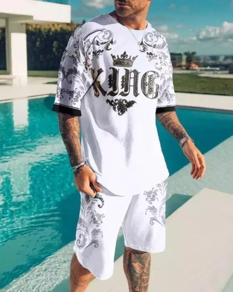 2024 Nowy letni garnitur męski Casual Fashion Printed T-Shirt + Beach Shorts Suit Męska koszulka z dekoltem 2-częściowa azjatycka odzież y2k