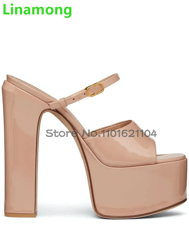 Square Heel Platform Luxury Slippers For Female Women Peep Toe Leather Fabric Metal Buckle Solid Elegant Summer Outside Shoes