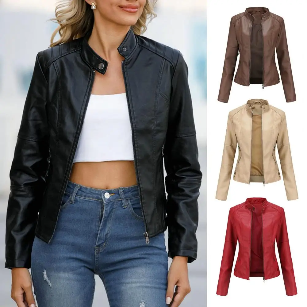 Women\'s Faux Leather Jacket, Solid Color Slim Fit Zipper Thin Stand Collar Motorcycle Fashion Casual Over Size Outerwear