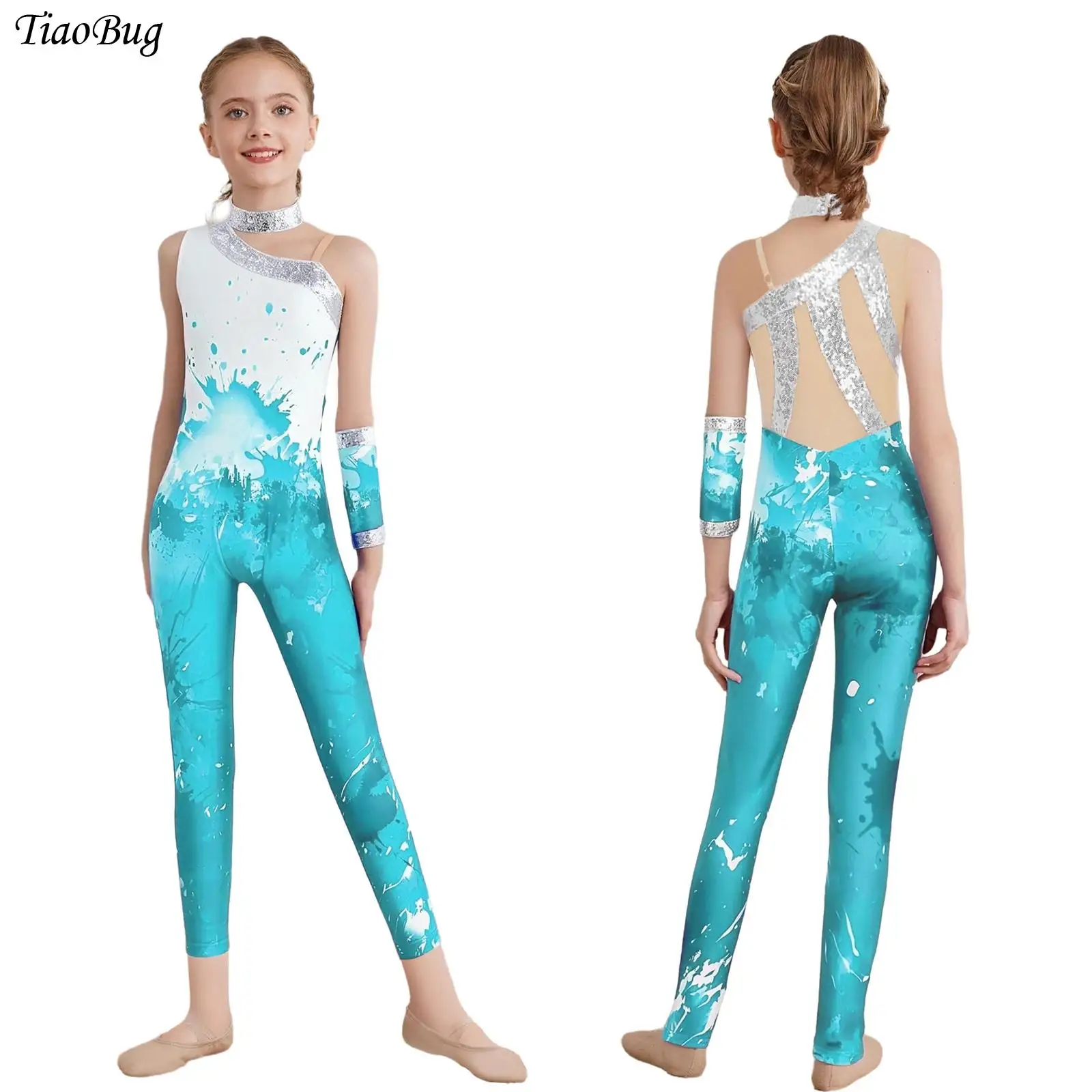 

Girls Sleeveles Gymnastics Jumpsuit Shiny Sequin Dance Bodysuit Full Length Leotard +Glove Figure Skating Performance Costumes