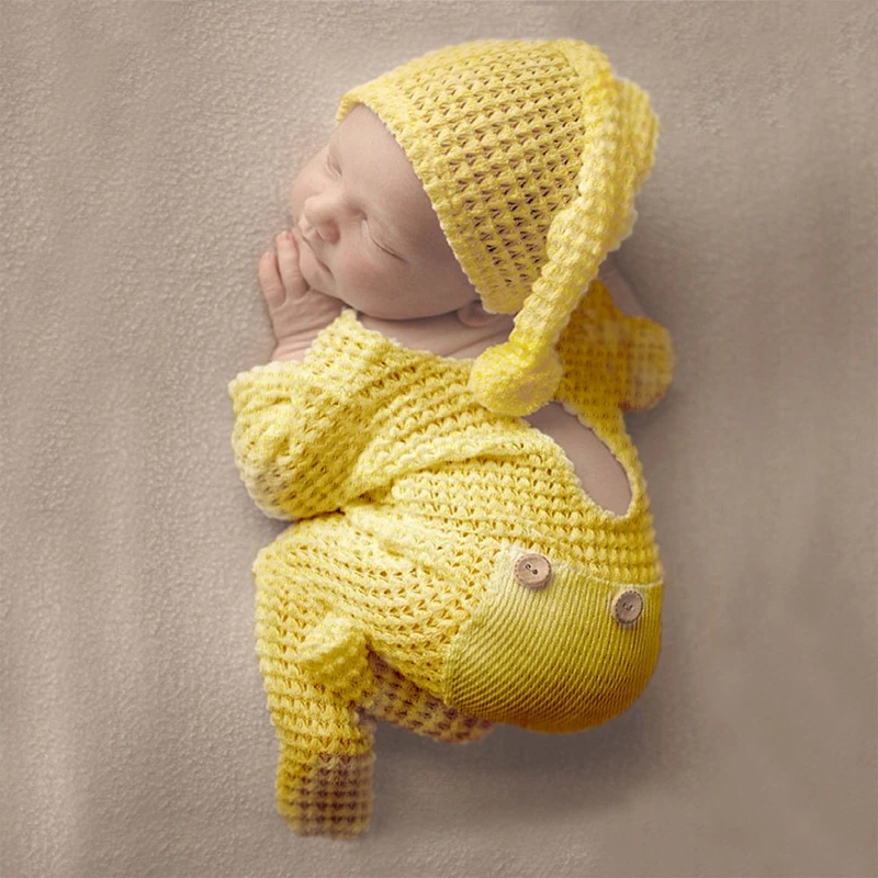 2 Pcs Newborn Photography Props Crochet Outfit Baby Romper Hat Set Infants Photo Shooting Beanies Cap Jumpsuit Bodysuit