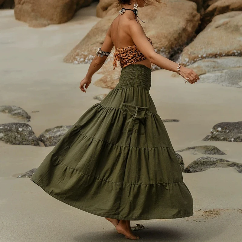 2026 frühling Sommer Urlaub Böhmischen A-linie Rock Dame Vintage Einfarbig Langen Rock Beiläufige Lose Elastische Taille Falten Rock