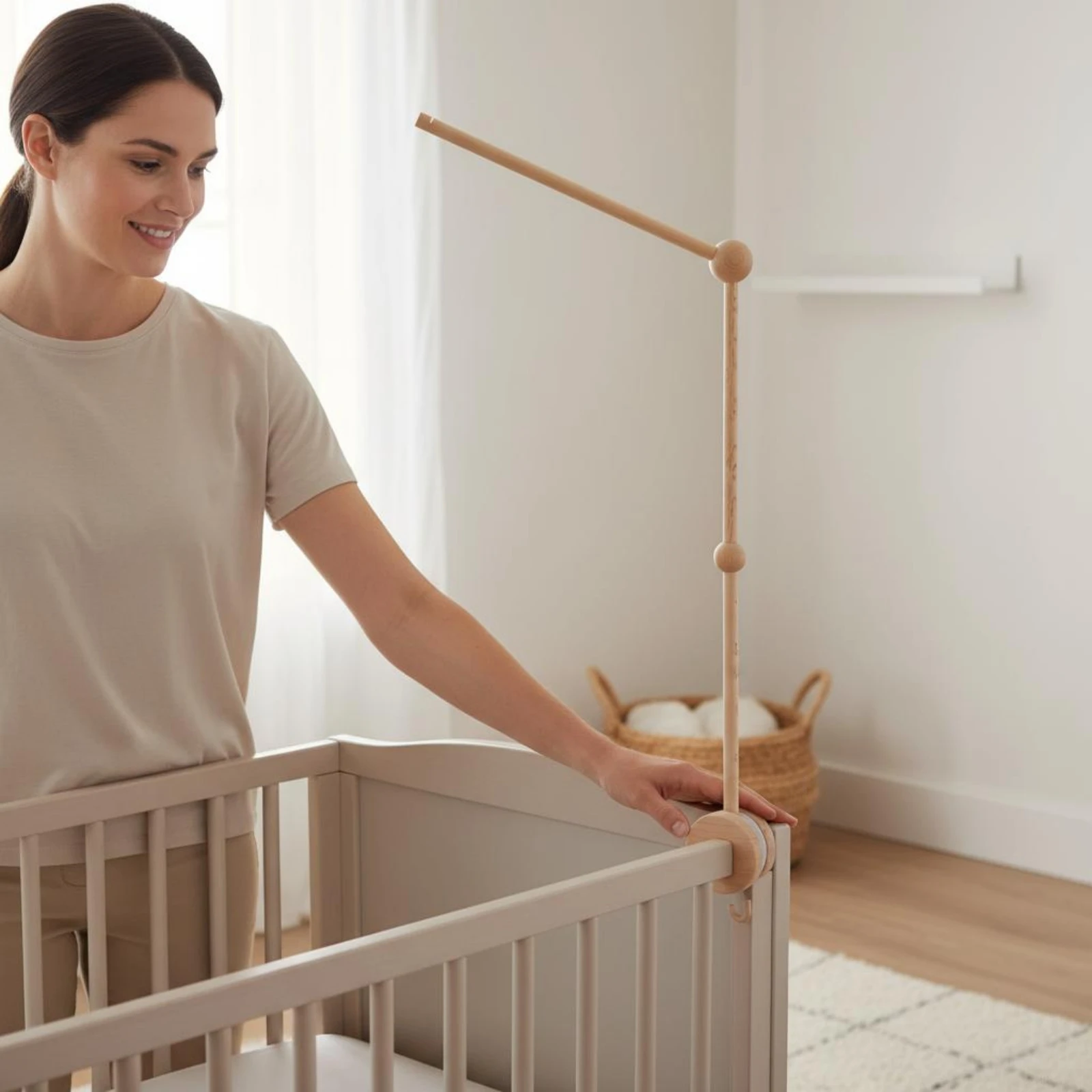 

Adjustable Crib Mobile Arm Easy to Assemble Wooden Crib Mobile Stand Bug Barrier Net Hanging Rod Natural Beech Wood Eco-Friendly