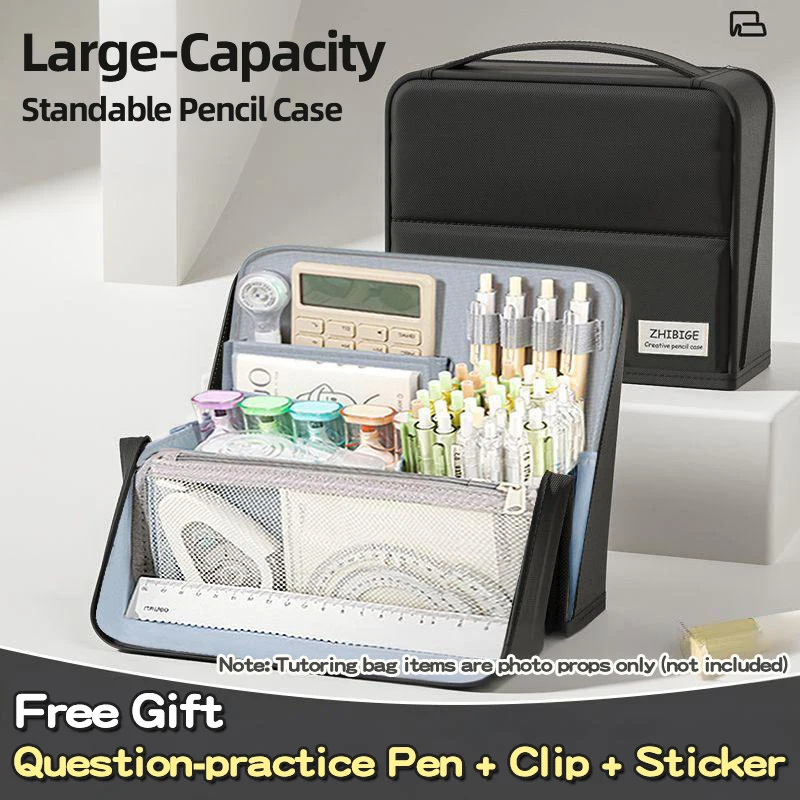 Large-capacity Standing Pencil Case + 3-Piece Stationery Set (Gel Pen/Clips/Stickers). Practical, Portable, Holds Calculator, Pe