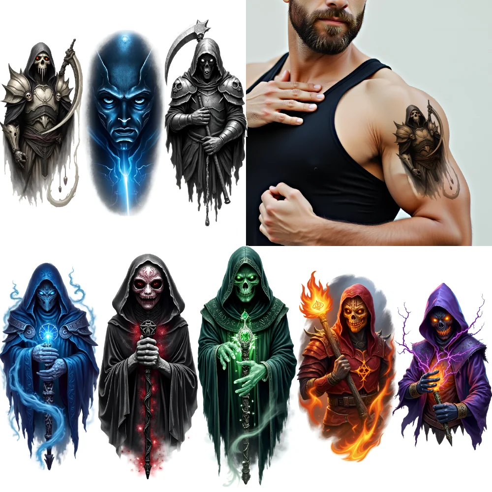 

3pcs Temporary Tattoo Hooded Skeletons Waterproof Long-lasting Body Stickers Dark Sorcerers Glowing Eyes For Adults Arms