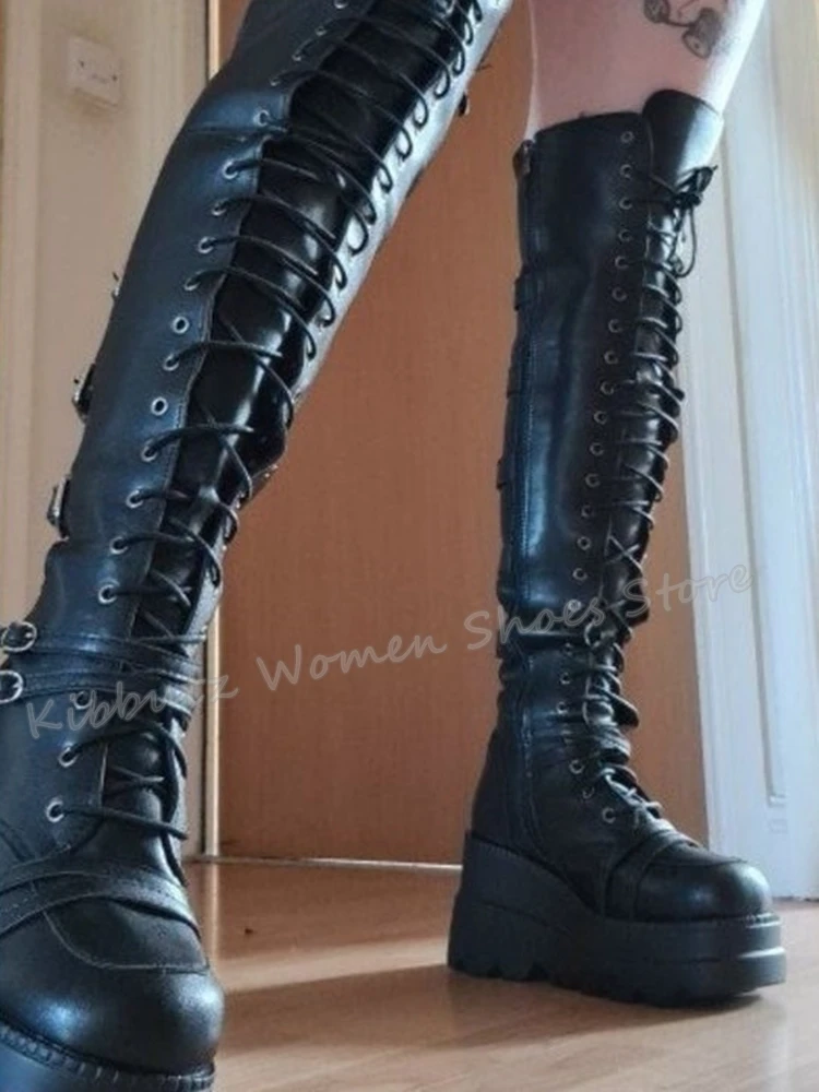 

Wedges Platform Modern Boots Over The Knee Belt Buckle Fashion Sexy Concise Lace-Up Genuine Leather Solid Color Round Toe Zipper