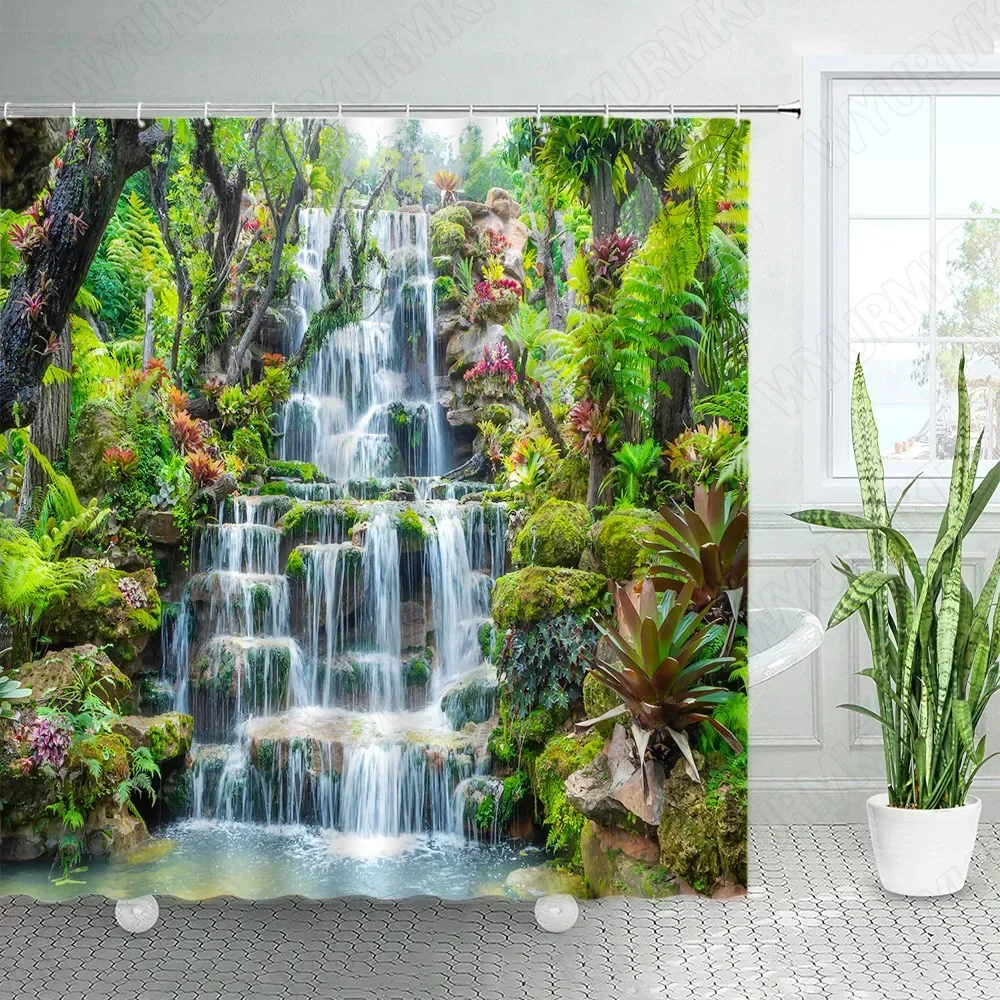 Tropical Jungle Landscape Shower Curtains Green Plants Leaves Waterfall Nature Scenery Bathroom Curtain Home Decor Wall Hanging