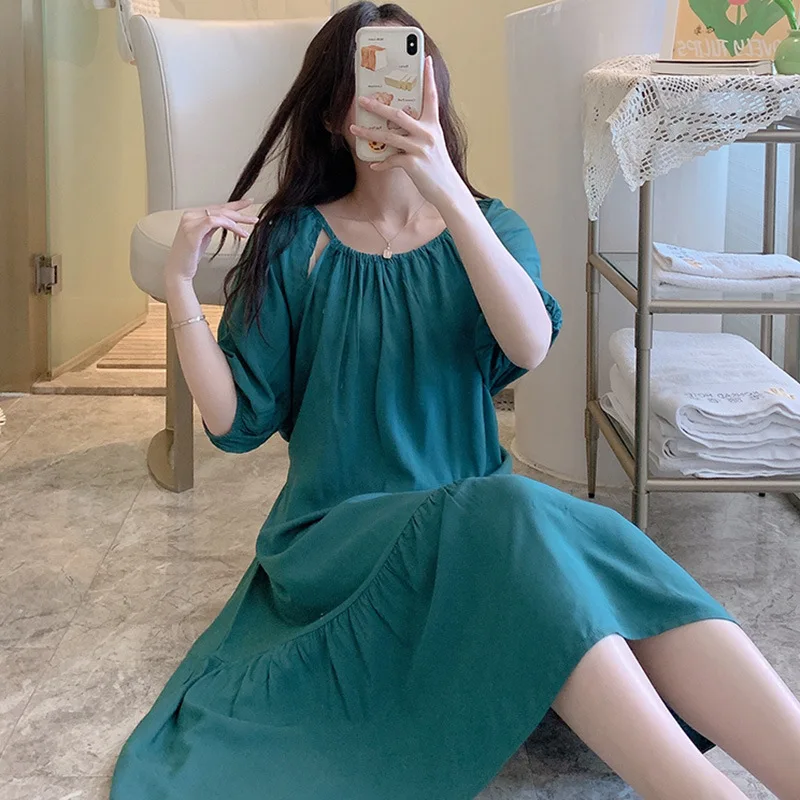 Round Neck Pajamas Home Clothes Thin Cotton Silk Nightgown Solid Color Sleepwear Short Sleeve One-piece Dress Women's Clothing