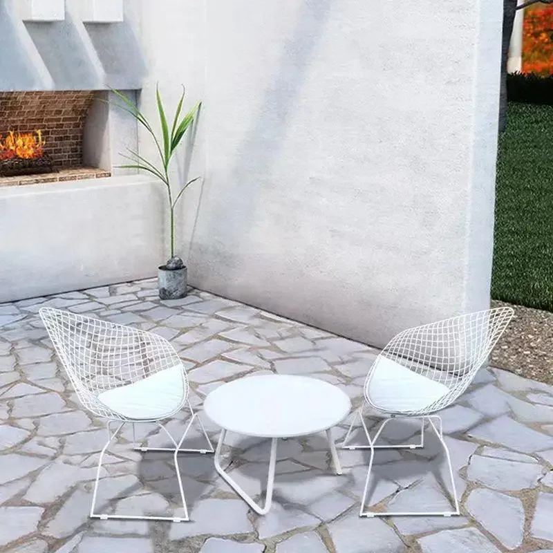 Outdoor Desk-Chair Combination Simple Courtyard Balcony Reception Internet-Famous Iron round Table Grid Chair Leisure Matching