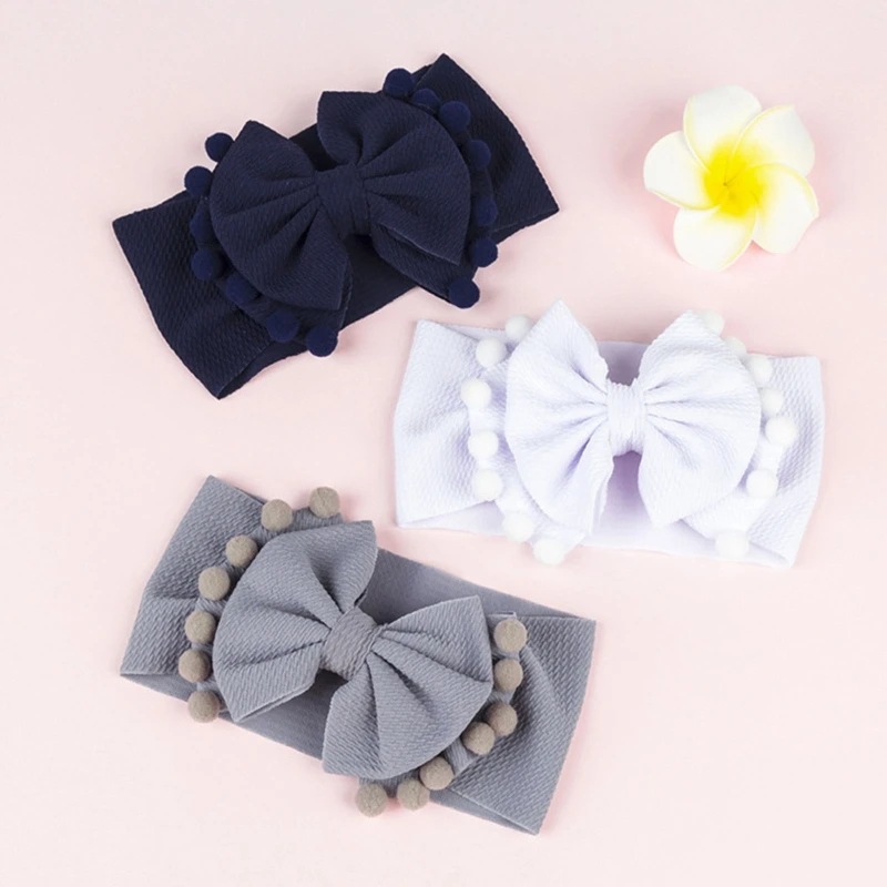 Baby Bow Headband Soft Elastic Colorful Turban Princess Baby Girls Pompom Ball Hairband Double Layer Bowknot Newborn Headwrap