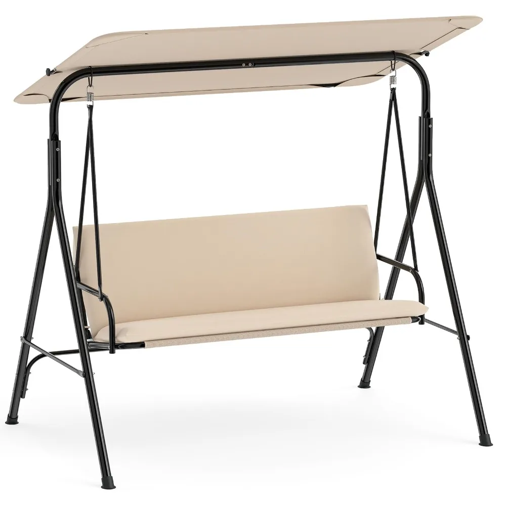 3 Person Porch Swing, Outdoor Swing with Removable Cushions, Solid Metal Structure, Patio Swing with Adjustable Canopy