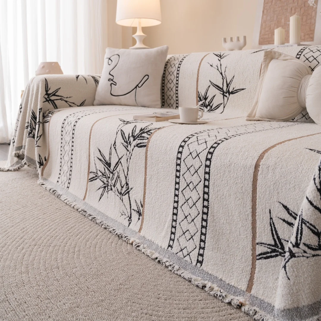 

1pc Bamboo Style Fluffy Warm Sofa Towel with Tassels, Sofa Cover Blanket for Living Room - Cozy Throw Blanket for Couches