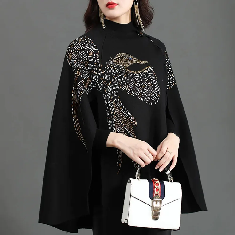 Women Shawl Batwing Sleeve Poncho Sweater Winter Knitted Cashmere Cloak Eagle Pattern Handmade Bead Sequin Embroidered Cape Coat