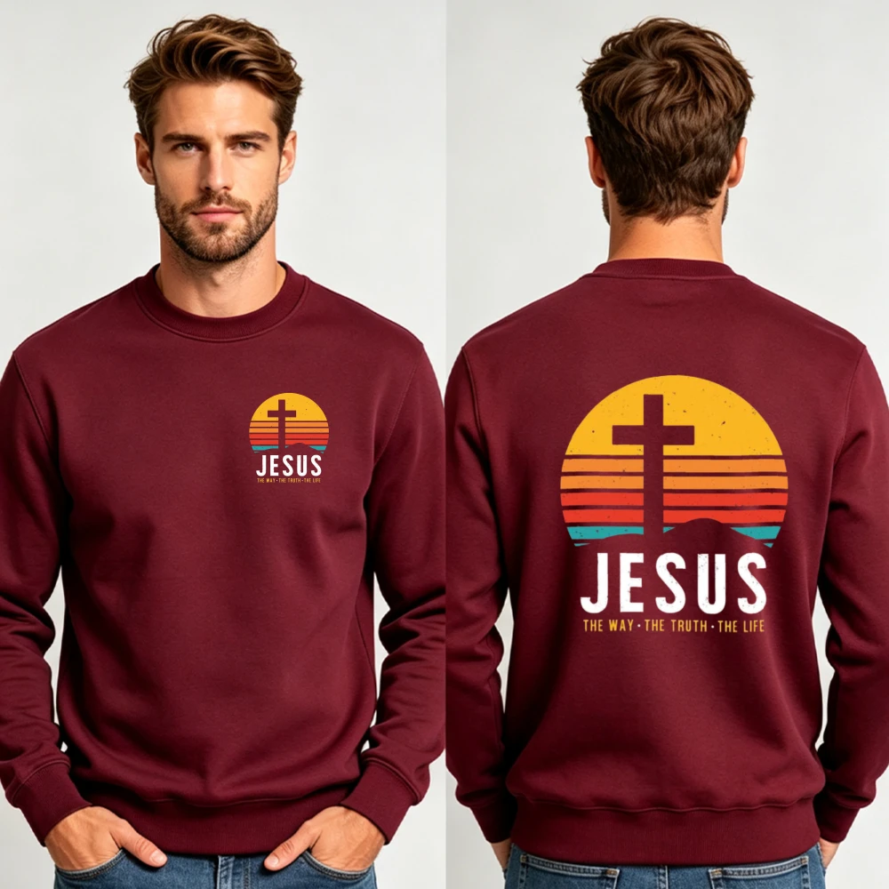 Men Sunset Cross Jesus Double Sided Print Crewneck Sweatshirt The Way The Truth The Life Christian Verse Pullover Sweatshirt Top