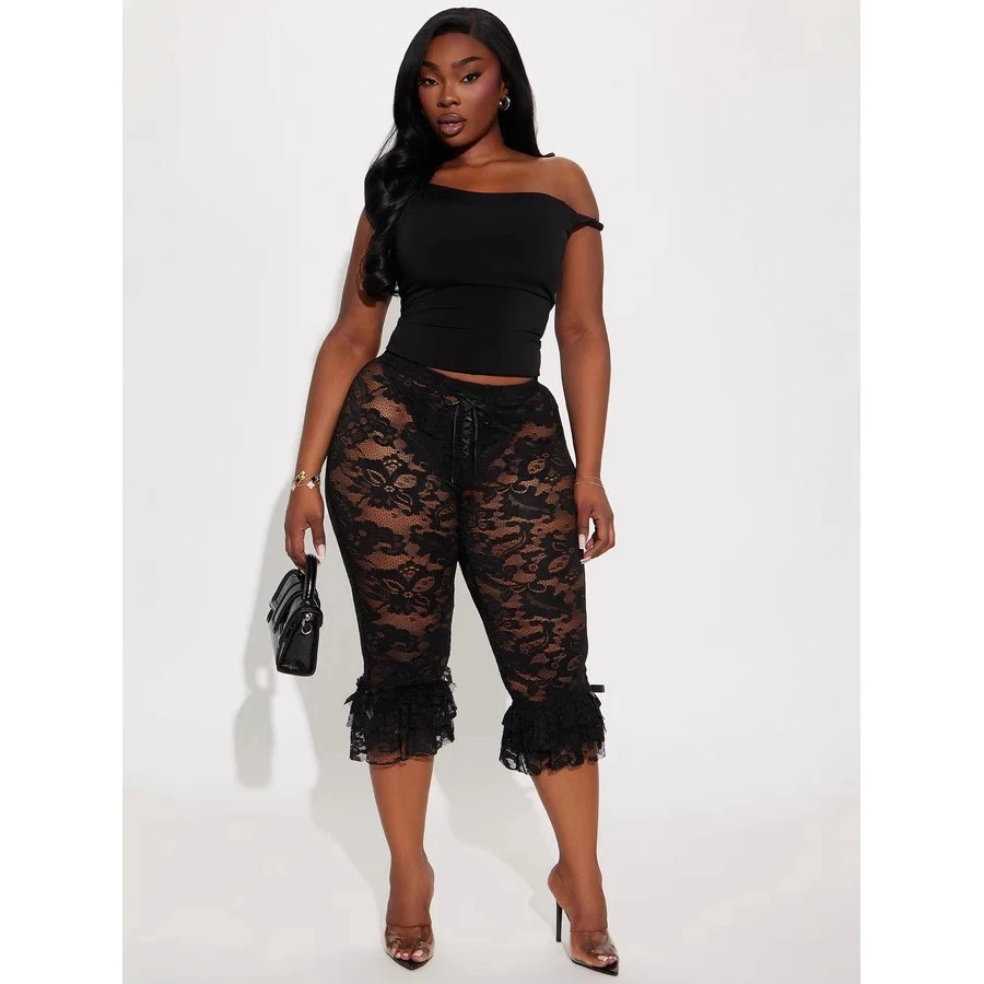 Sexy Lace Hollow out Cross-Border Hot Girl Women's See-through Seven-Foot Pants Tight Fit High Waist European Style Base Laye...