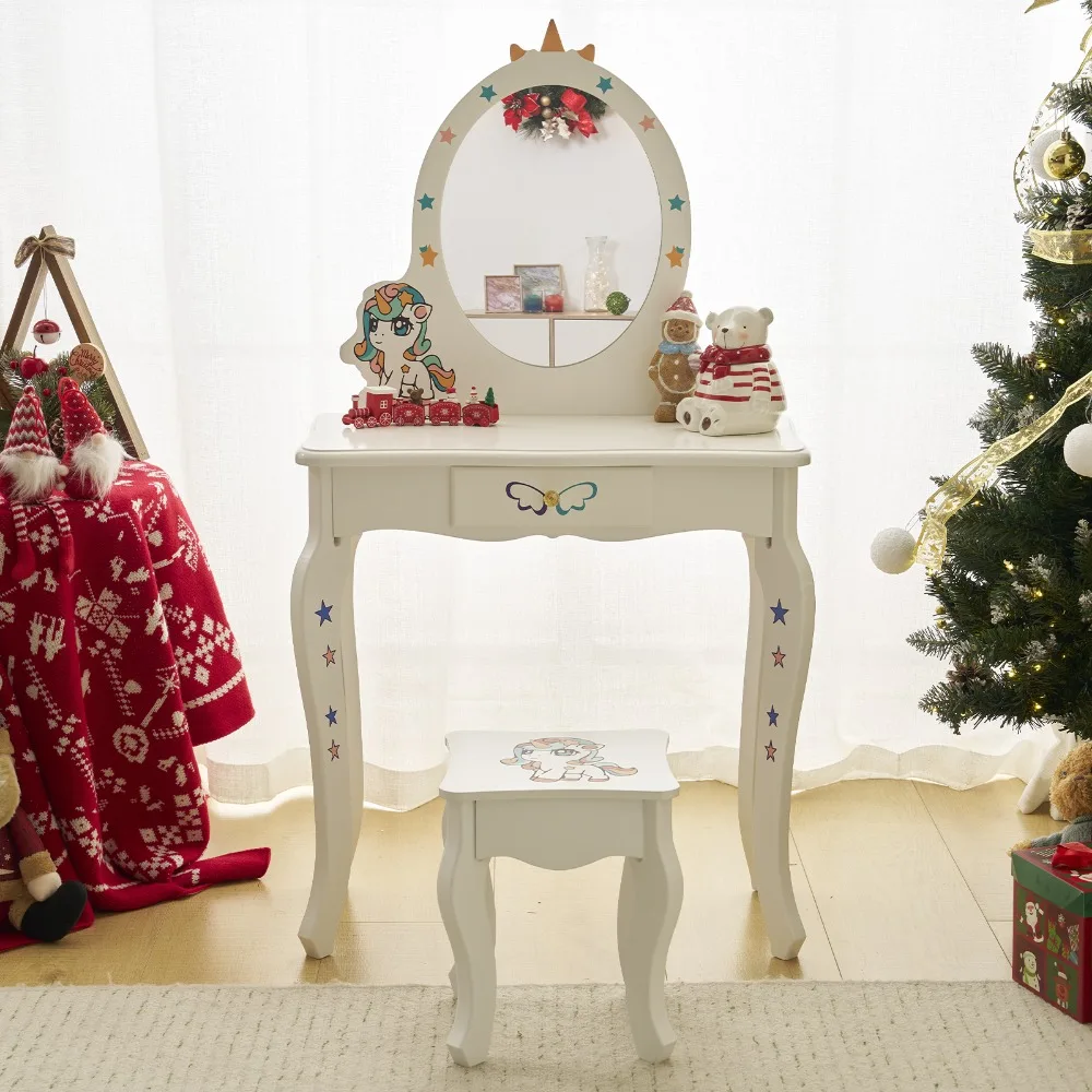 Ensemble Table et chaise de vanité pour enfants, vanité pour filles avec miroir, Design licorne mignon, coiffeuse de maquillage pour jeu de simulation, Table de princesse