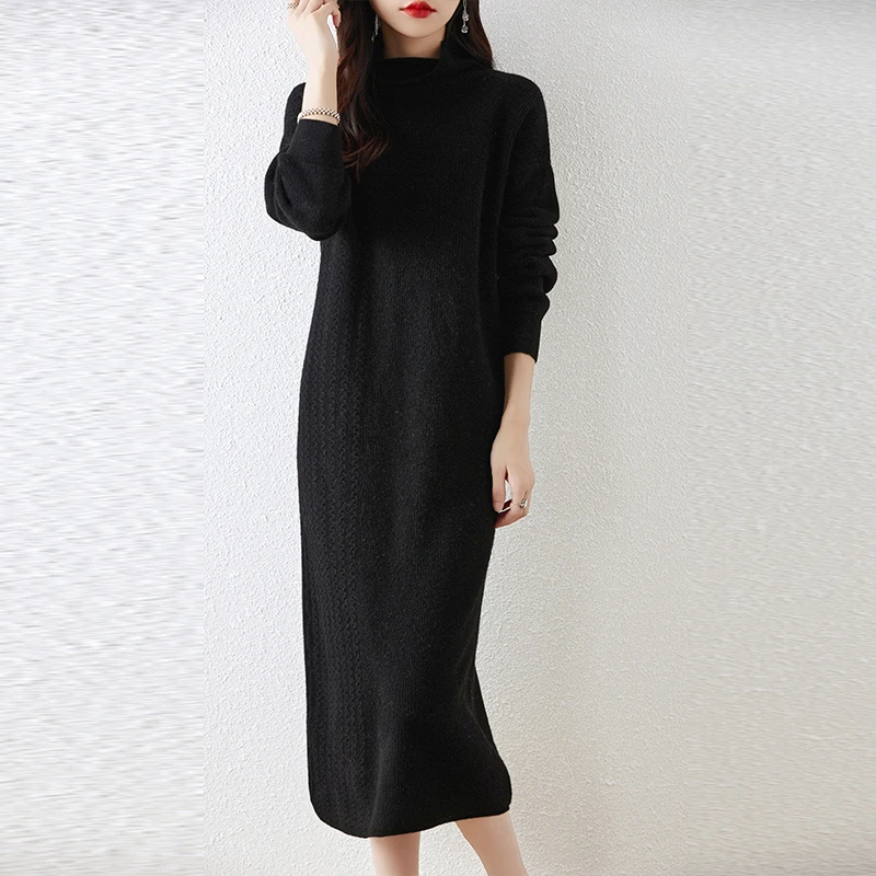 Autumn Winter New Wool Dress Women\'s Half High Neck Long Sleeve Pullover 100% Pure Wool Loose Jacquard Style Knitted Wool Dress