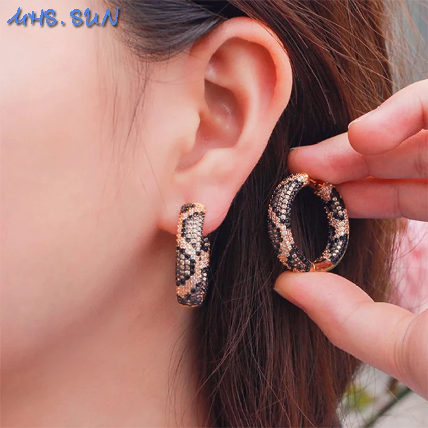 MHS.SUN Round Gold Plated Leopard Print Hoop Earrings Cubic Zircon Trendy For Women Girl Popular Banquet Party Jewelry Gift