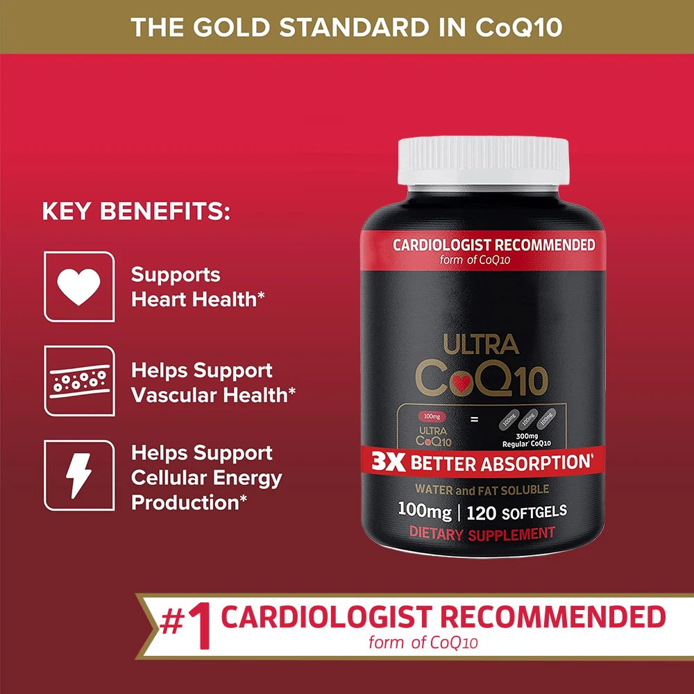 

Софт-гель CoQ10 100 мг, Ultra CoQ10 — добавка коэнзима Q10 сверхвысокого впитывания для сосудистых, здоровья и энергетического производства сердца