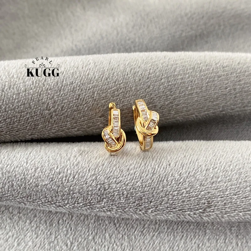 

KUGG 100% 18K White/Yellow Gold Earrings Fashion INS Style Real Natural Diamond Hoop Earrings for Women High Party Jewelry