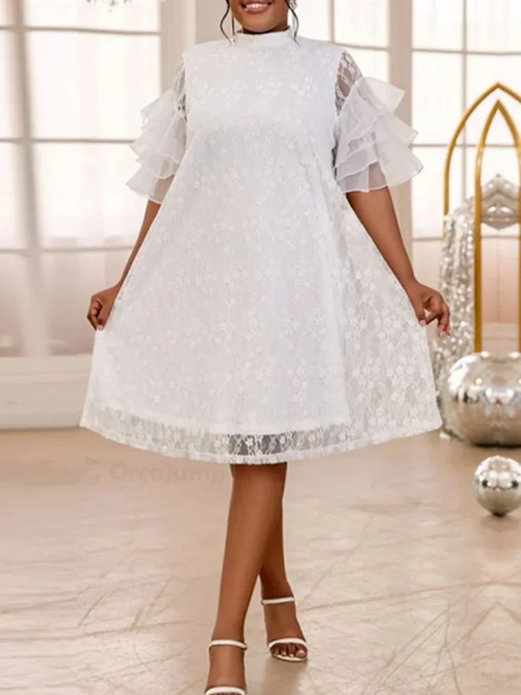 African Dresses For Women Summer Spring Africa Clothing Half Sleeve Lace Sexy O-Neck Perspective Slim Dress Office Lady Party