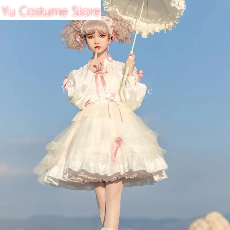 

Yu Japanese Halloween Cute Woman Lolita Dress Lace Decorative Ribbon Tail Japanese Long Sleeve Dress Fairy Dress Birthday Gift