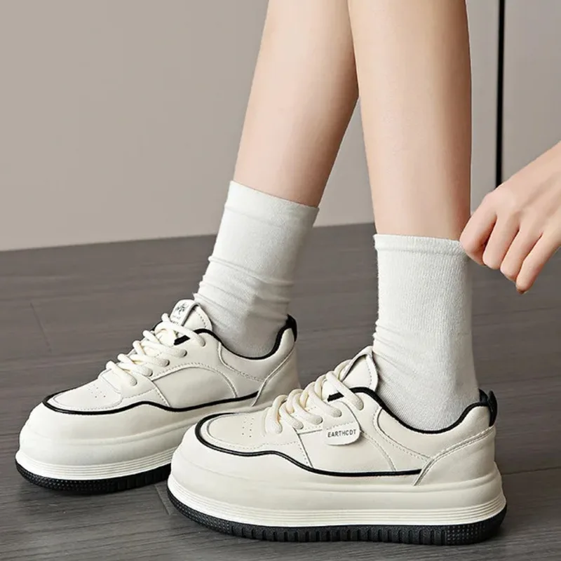 2024 Leather Small White Women Flat Shoes Thick-soled Increase New Light Soft Soled Sports Students Casual Single Sneakers