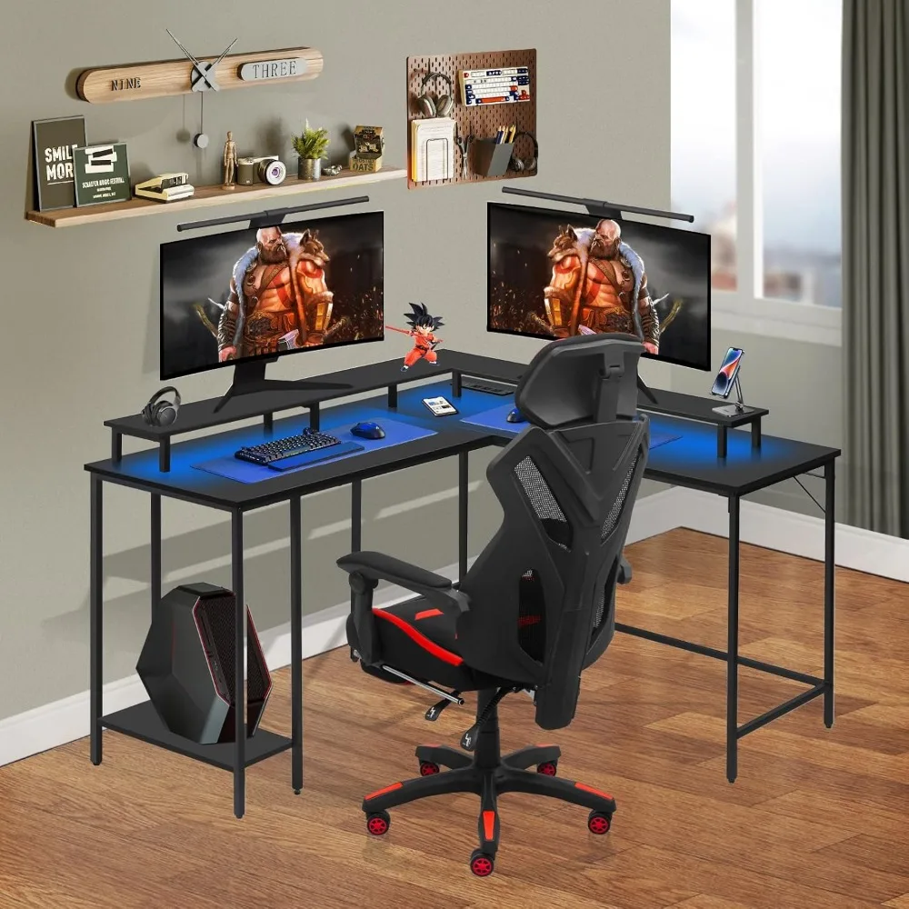 Premium L Shaped Computer Desk with LED Lights and Power Outlet, Reversible Corner Office Desk with Monitor Stand, L Shaped Gami