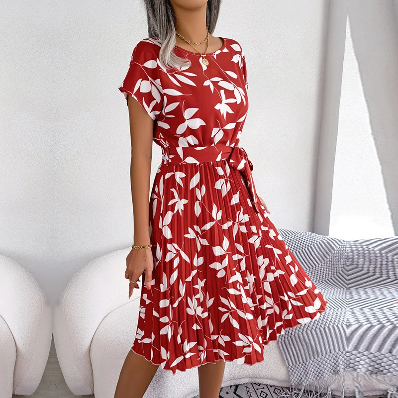 FICUSRONG Fashion Floral Pleated A Line Long Dress Women Spring Summer Short Sleeve High Waist Chic Dress