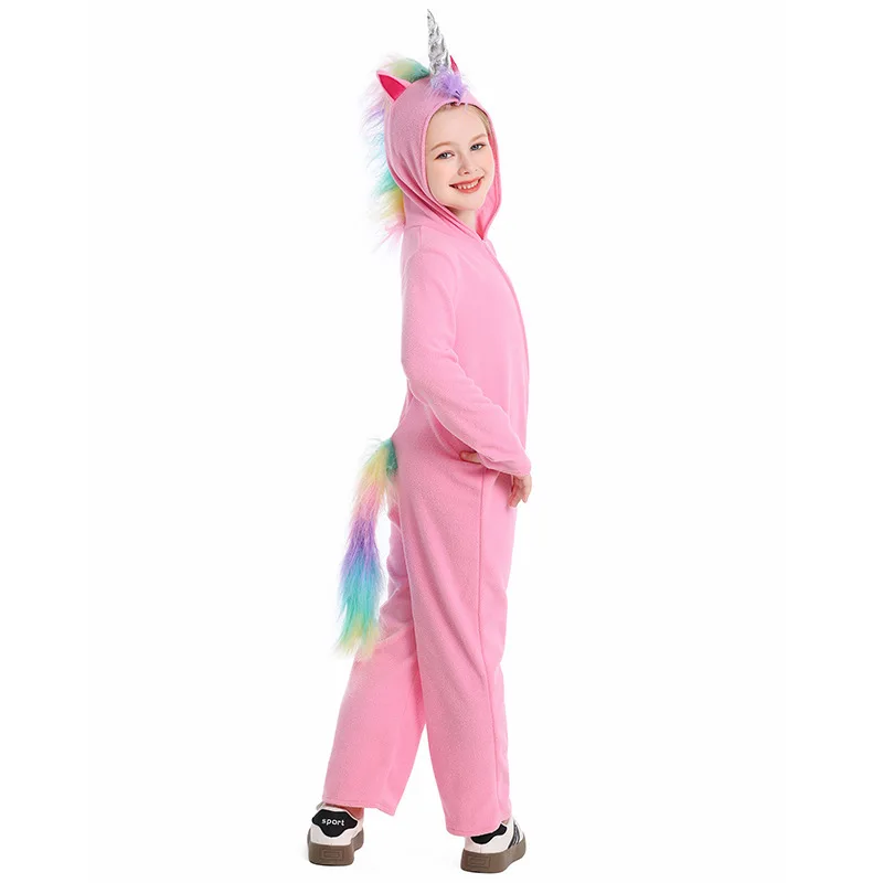 Purim Unicorn Pajamas Cosplay Costume with Rainbow Horn Tail Pink White Soft Animal Onesie Hooded for Halloween Party Dress Up