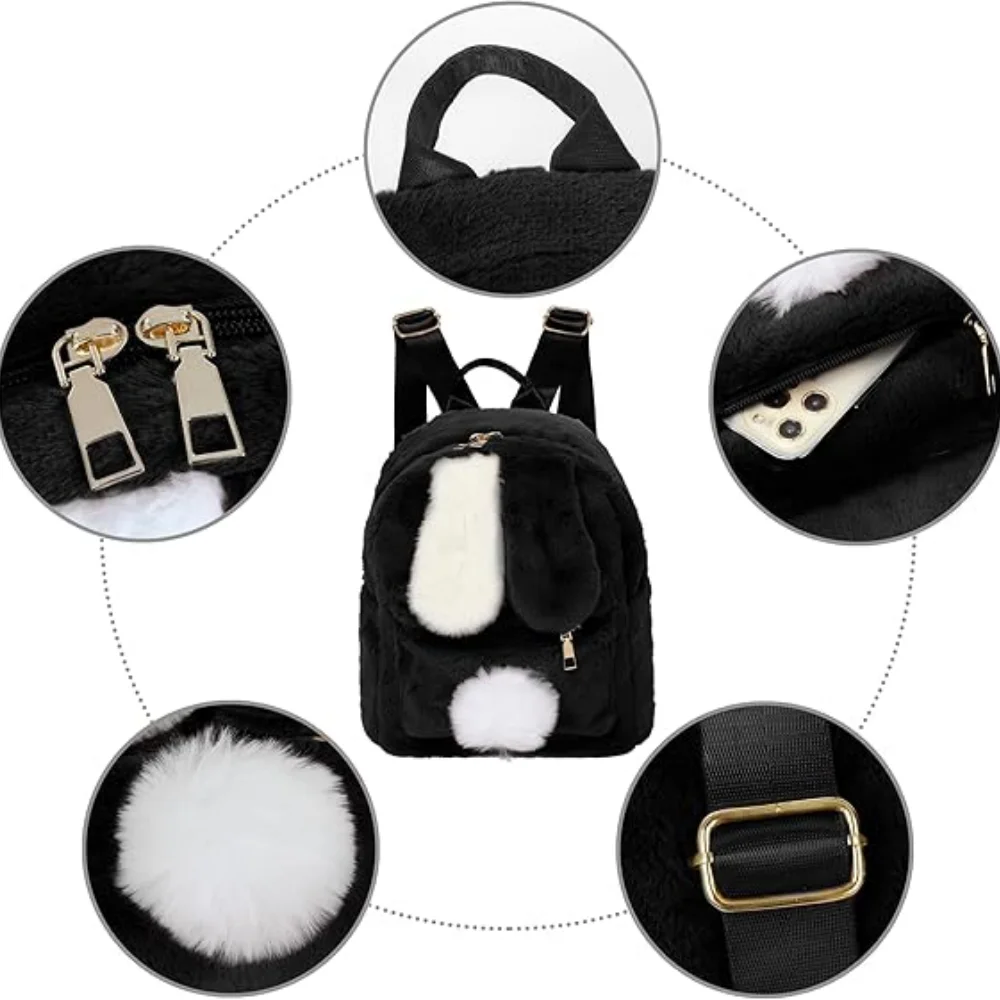 3pcs Mini Backpack For Women Girls Cute Fluffy Plush Rabbit Ears Schoolbag Casual Bookbag Small Bunny Travel Daypacks
