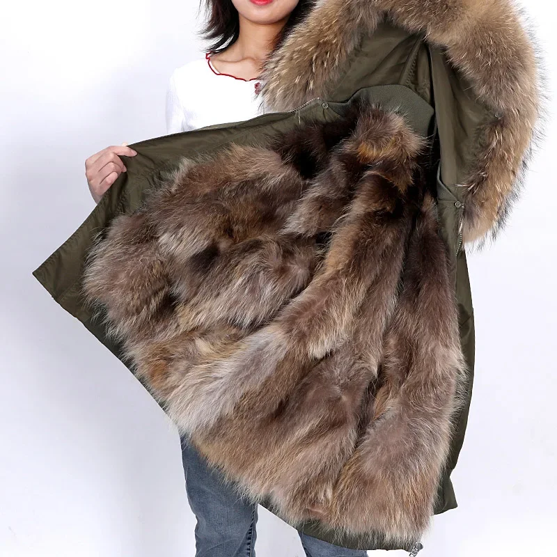 Maomaokong-abrigo con cuello de piel de zorro Real Natural para mujer, chaqueta con forro de piel de mapache, Parka bordada impermeable, holgada, a la moda, invierno, 2023