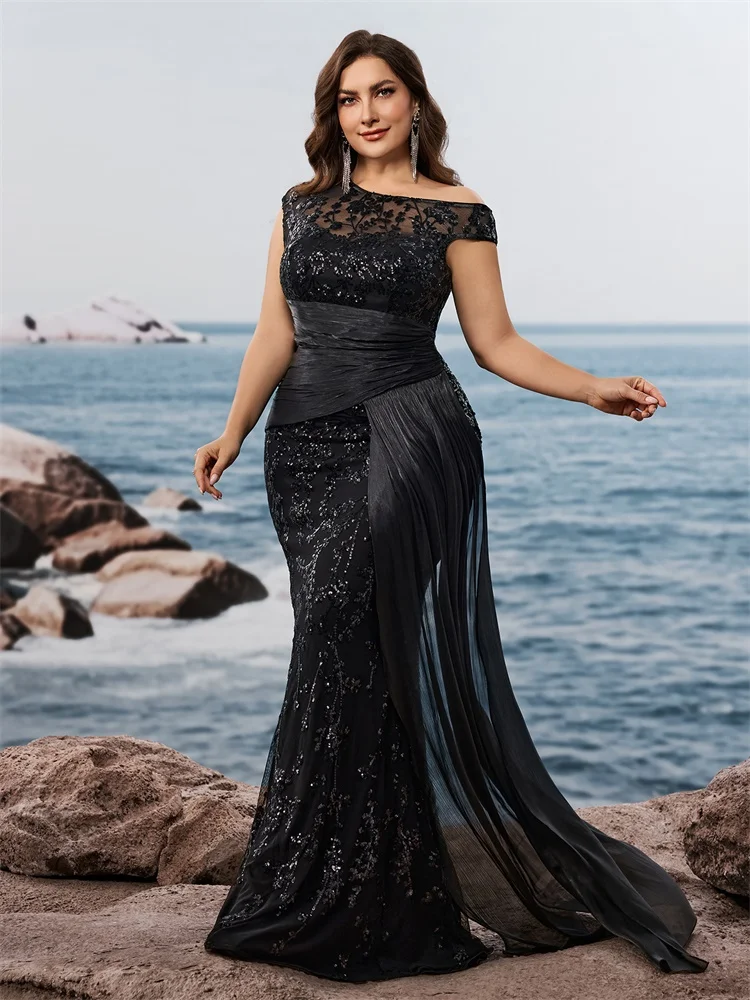 BLUEPLUM Plus Size Elegant Sleevesless Sequins Patchwork Formal Evening Dresses Luxury Slit Mermaid Party Cocktail Gowns