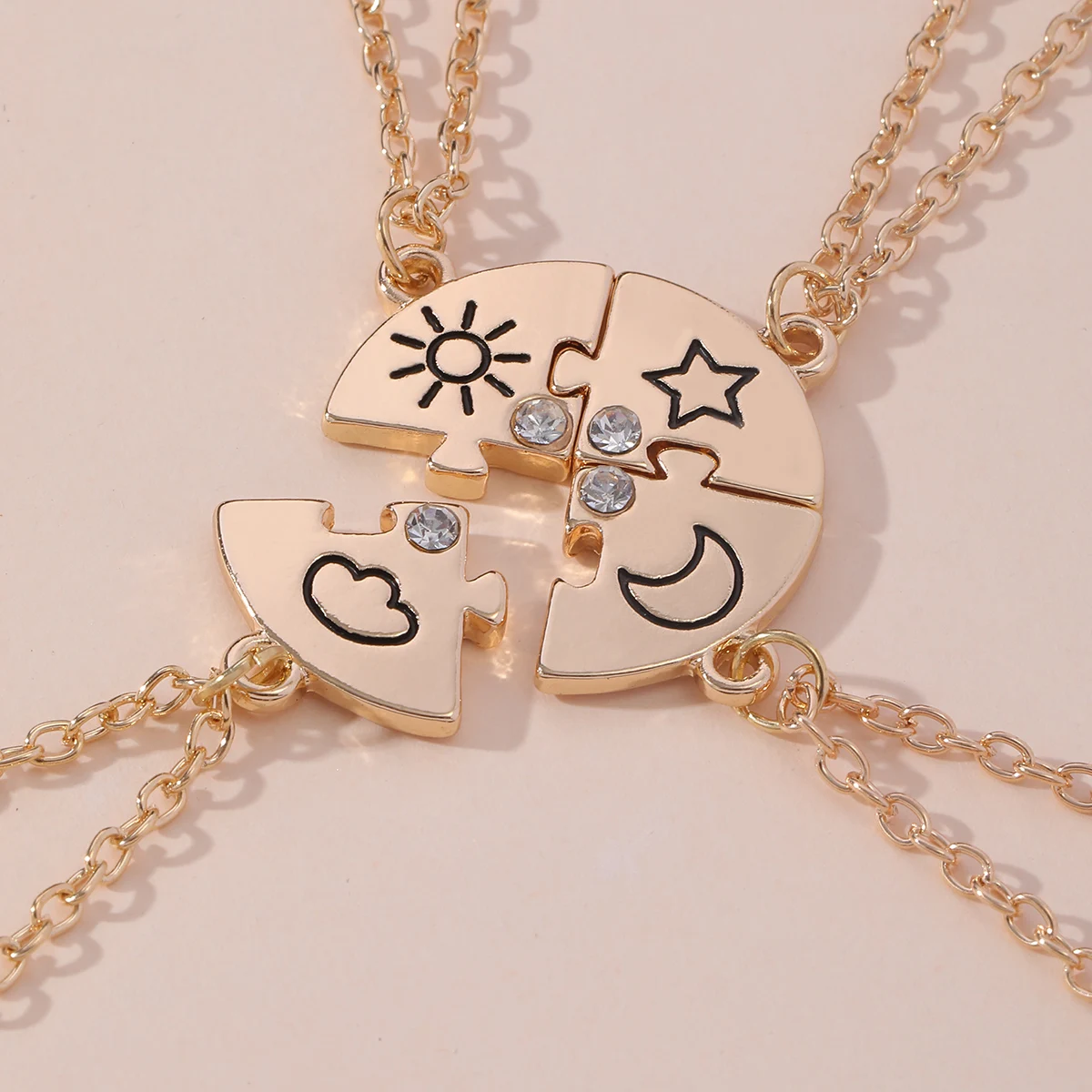 Set Of 4 Sun Moon Star Cloud Puzzle Round Necklace Gold Best Friends BFF Jewelry For Bestie Sibling Friendship Gift