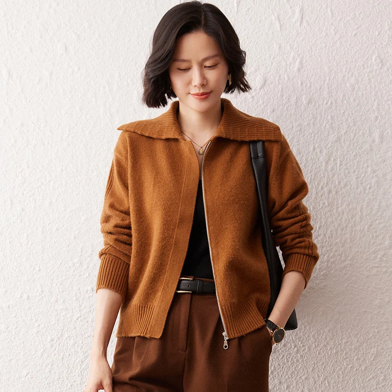 

100% Pure Cashmere Cardigan with Turn-Down Collar for Women, Zipper Cardigan, Loose Coat, Slimming, Thickened, Warm